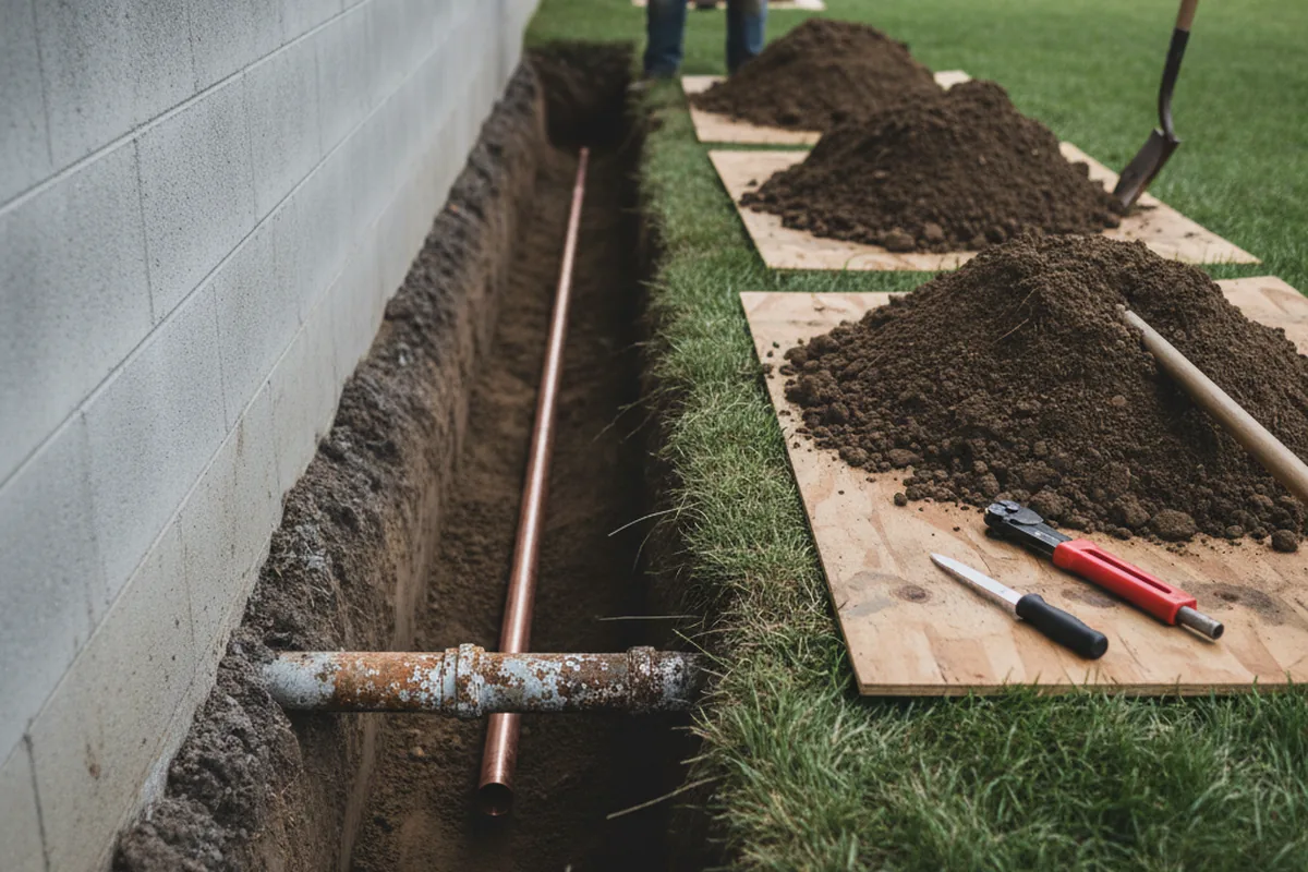 Excavated water line trench during Water Heater Repair in Timewell